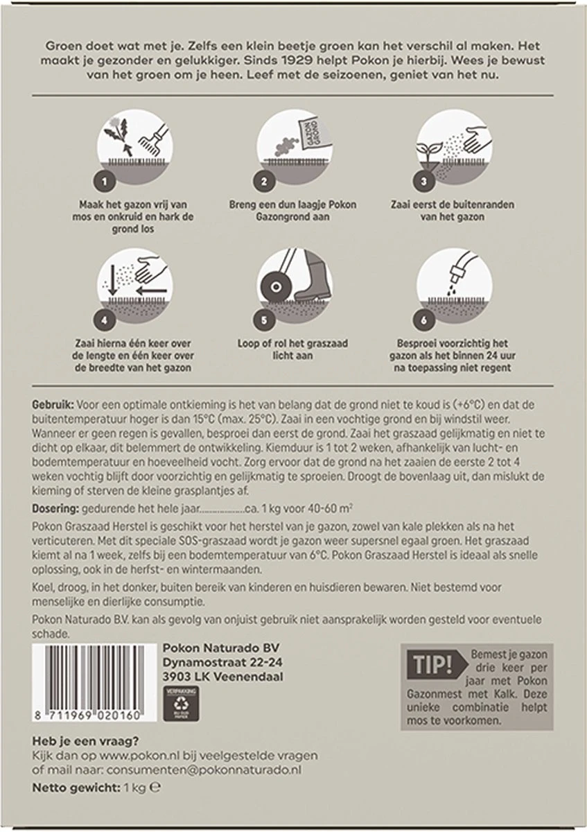 Pokon Graszaad Herstel - 1kg - Gazonherstel - Geschikt Voor 40m² Tot 60m² - Supersnel Egaal Groen Gras 9 Pokon Graszaad Herstel - 1kg - Gazonherstel - Geschikt Voor 40m² Tot 60m² - Supersnel Egaal Groen Gras - Afbeelding 7