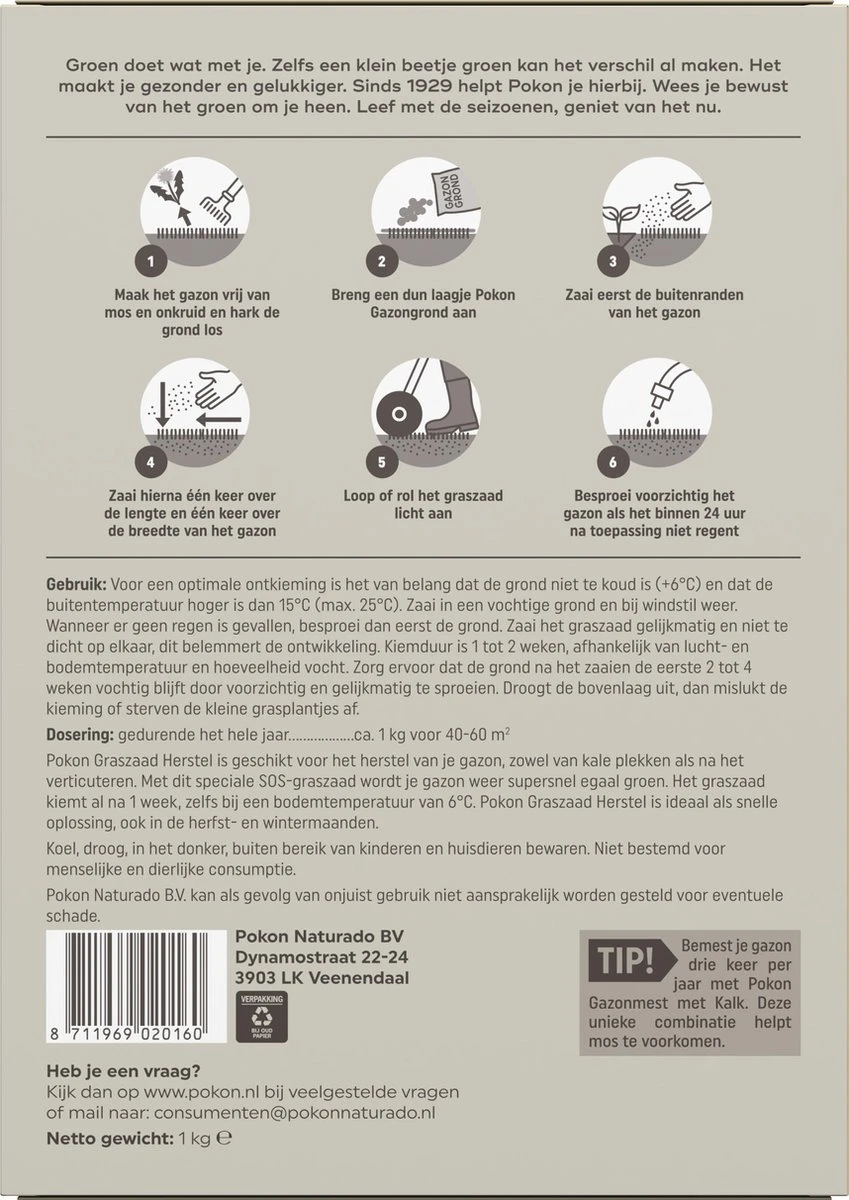 Pokon Graszaad Herstel - 1kg - Gazonherstel - Geschikt Voor 40m² Tot 60m² - Supersnel Egaal Groen Gras 5 Pokon Graszaad Herstel - 1kg - Gazonherstel - Geschikt Voor 40m² Tot 60m² - Supersnel Egaal Groen Gras - Afbeelding 3